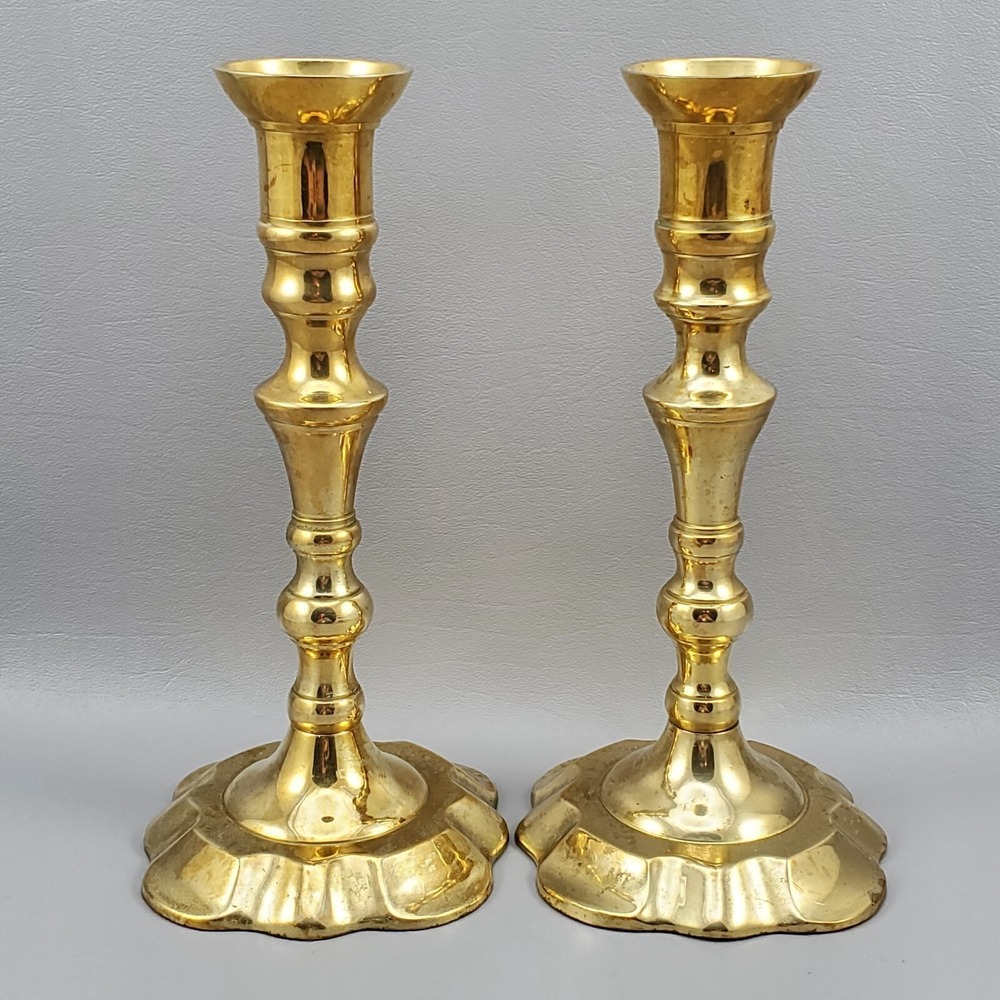 Brass Spindle Tapered Candlesticks Pair Scalloped Base MCM India 8" Vintage
